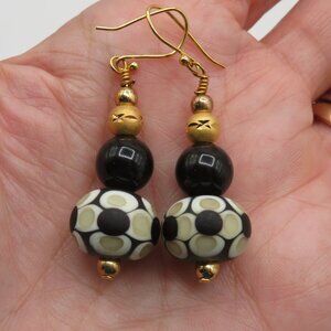 Glass Black White and Gold Tone Floral Design Beaded Dangle Earrings